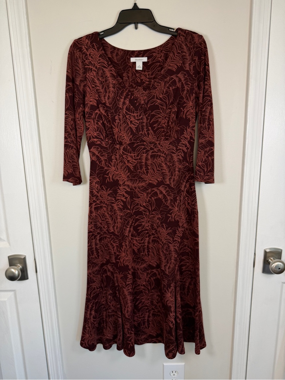 90s Dressbarn Burgundy Rust Brown Botanical Floral Midi Dress 8 Fit Flare